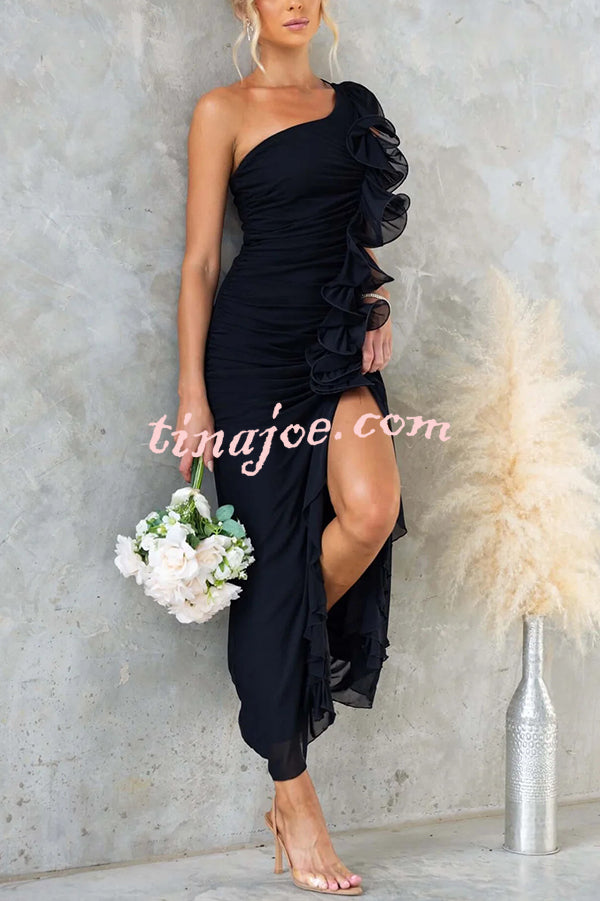 Fashion One-shoulder Pleated Sexy High Slit Slim Dress