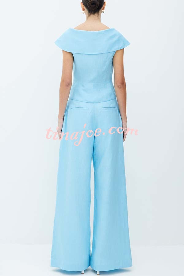 Velena Linen Blend Button Up Lapel Top and High Rise Pocket Wide Leg Pants Set