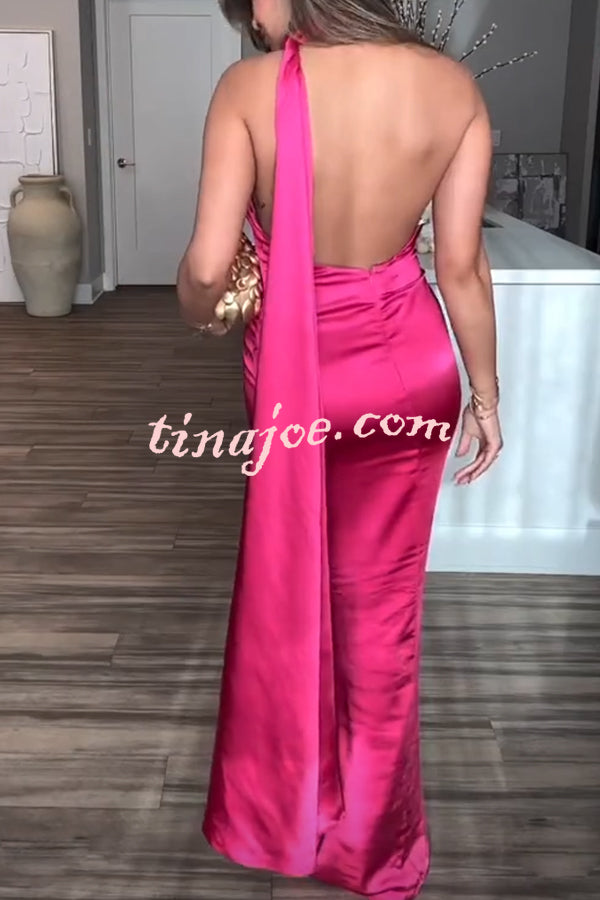 VIP Party Satin Asymmetric Scarf Neck Backless Maxi Dress