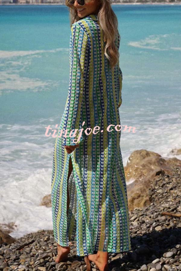 Eleanor Knit Colorful Wave Unique Print Shirt U-neck Long Sleeve Slit Maxi Dress