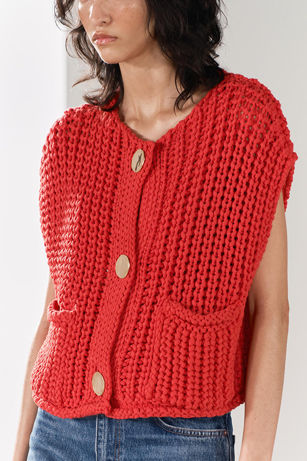 Solid Color Sleeveless Pocket Knitted Vest