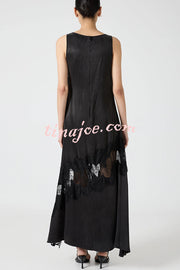 Pretty Soul Satin Lace Trim Wide Neck Irregular Hem Slit Maxi Dress