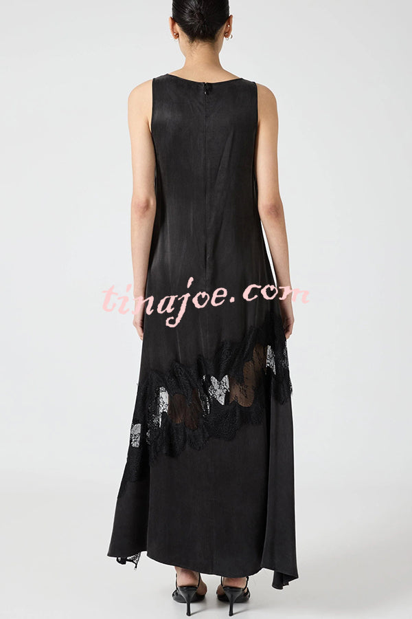 Pretty Soul Satin Lace Trim Wide Neck Irregular Hem Slit Maxi Dress