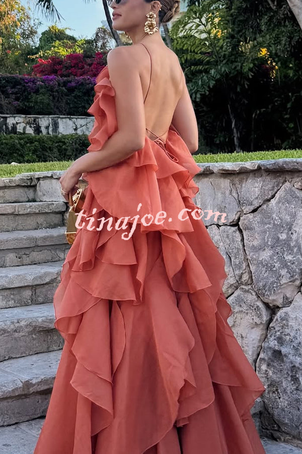 Free - Flowing Rose Detail Tiered Ruffles Halter A-line Maxi Dress