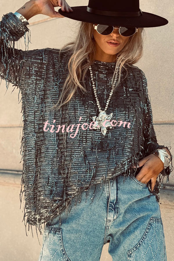 Party Crasher Sequin Tassle Fabric Long Sleeve Loose Top
