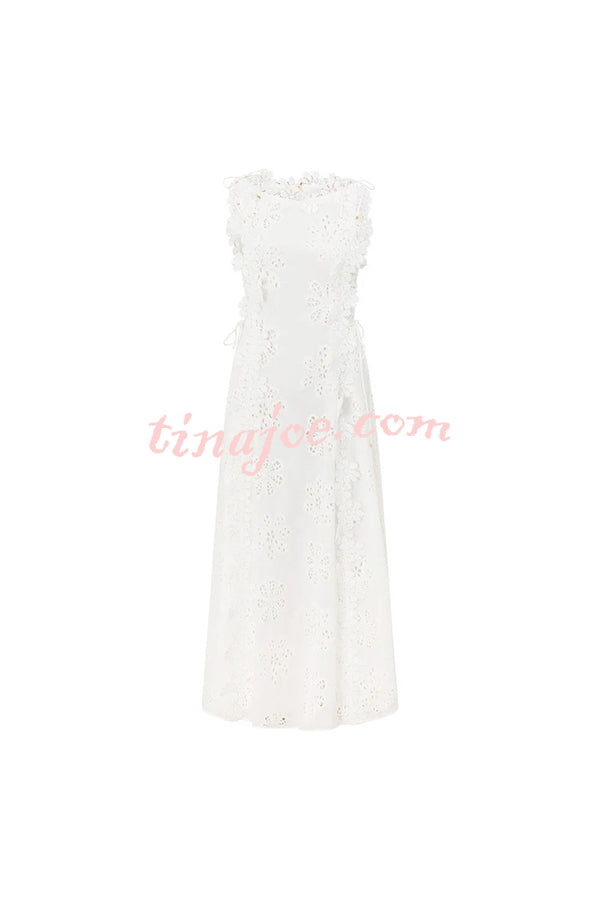 Mairi Embroidery Hollow Fabric Delicate Flower Trim Side Lace-up Maxi Dress