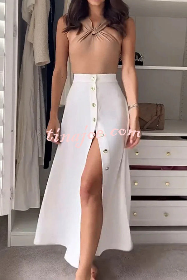 Stylish Sleeveless Stretch Fit Top and Relaxed Buttoned Slit Maxi Skirt Set