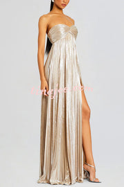 Metallic Sexy Tube Top Pleated High Slit Maxi Dress