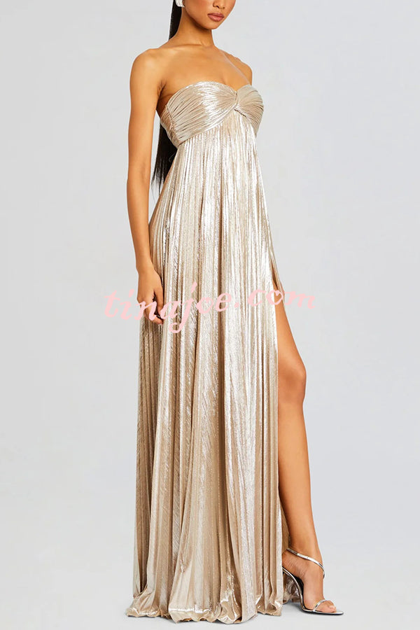 Metallic Sexy Tube Top Pleated High Slit Maxi Dress
