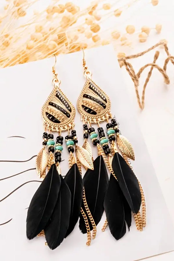 Boho Vintage Colorful Feather Tassel Dangle Drop Earrings