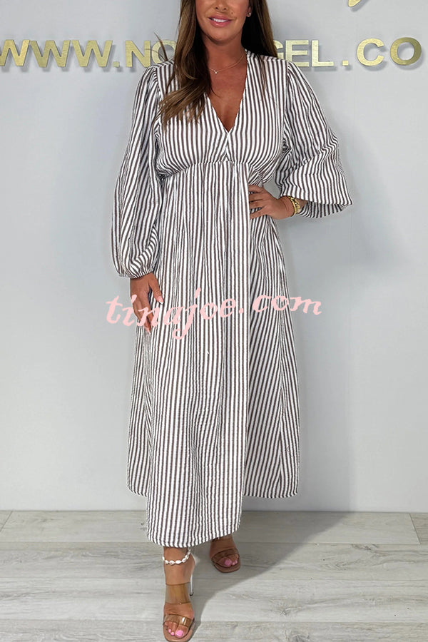 Striped Print V-Neck Long Sleeve Casual Loose Maxi Dress