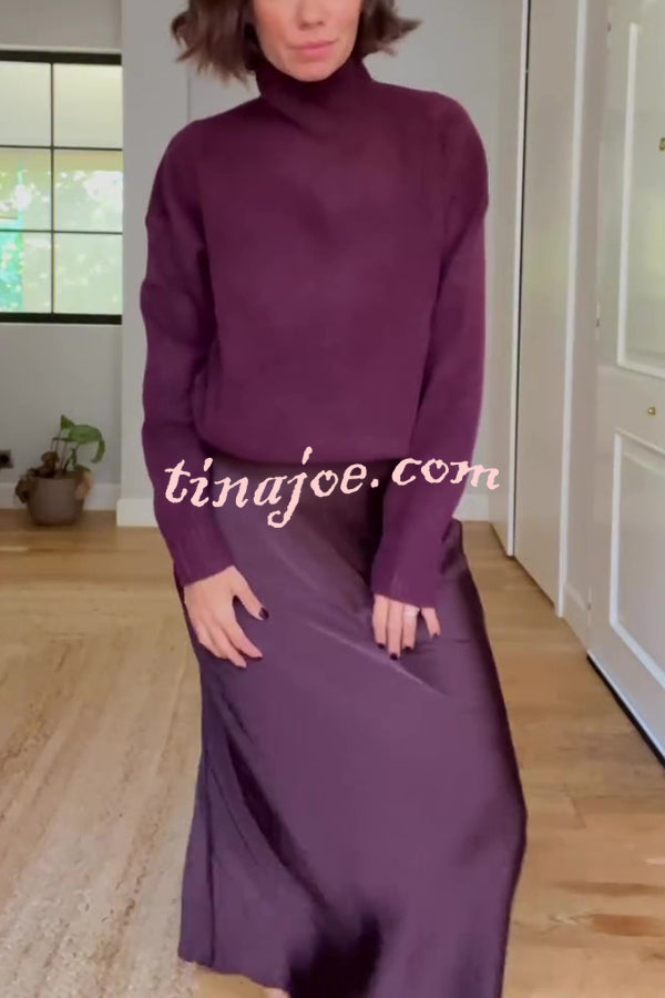 Jaelyn Solid Color Turtleneck Long Sleeve Sweater and Satin Elastic Waist Maxi Skirt Set