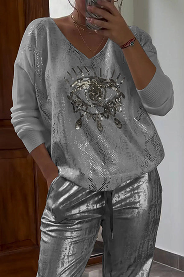 Three-dimensional Eye V-neck Long-sleeved Hot Stamping Top