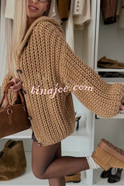 Warm Day Knit Button Up Long Balloon Sleeve Hooded Loose Cardigan