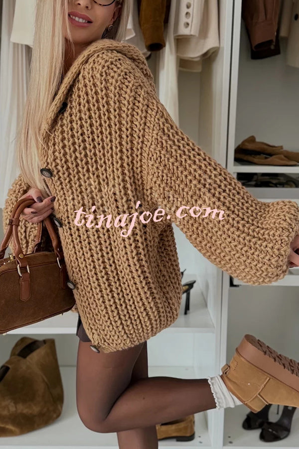 Warm Day Knit Button Up Long Balloon Sleeve Hooded Loose Cardigan