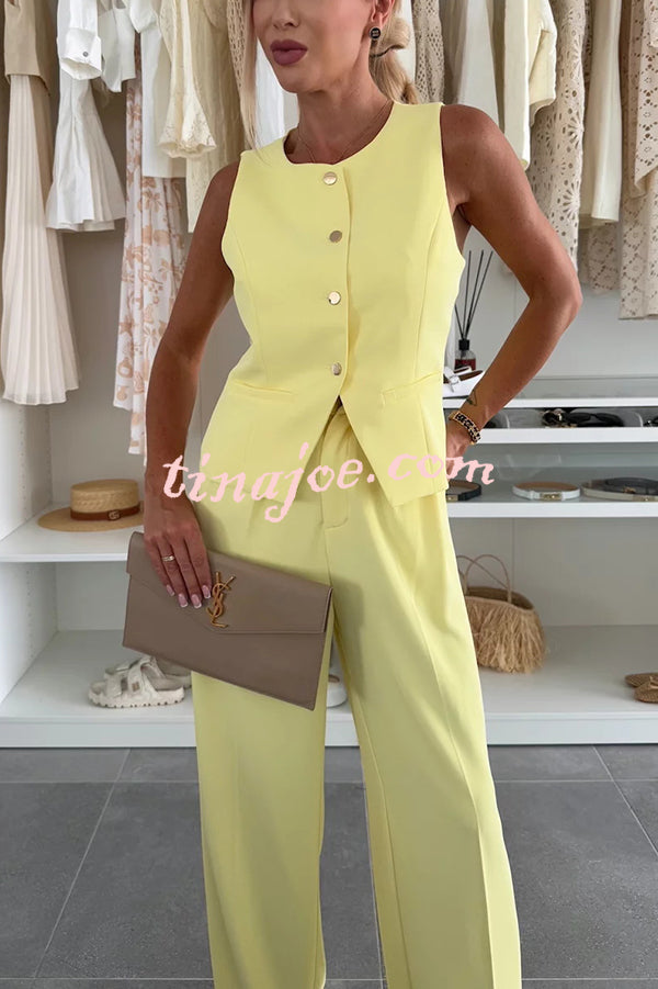 Workplace Chic Sleeveless Button Vest and Relaxed Pocket Wide Leg Pants Set