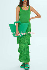 Solid Color Sleeveless Slim Fit Fringed Hem Knitted Midi Dress