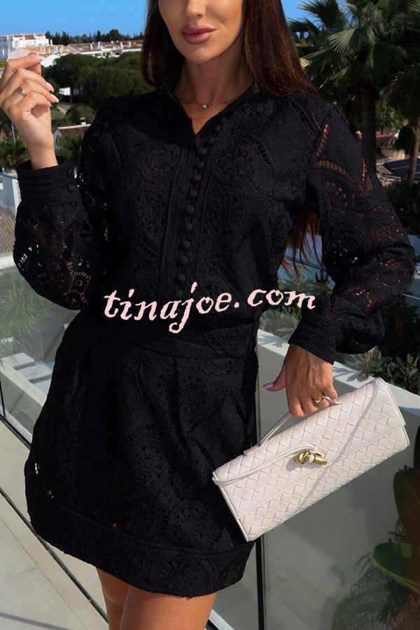 Unique Crochet Lace Long Sleeve Button Blouse and High Rise Skirt Set