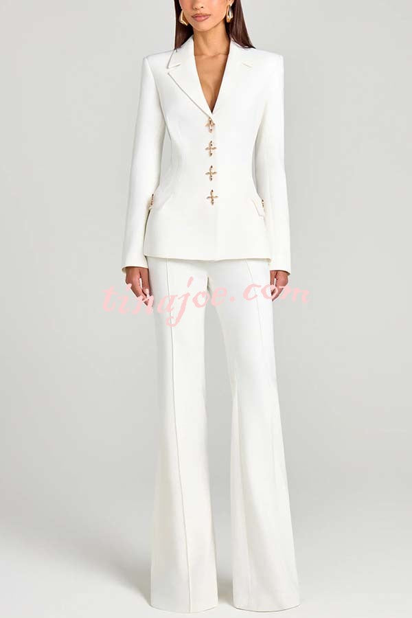 Women Power Metal Cross Snap Button Long Sleeve Lapel Blazer