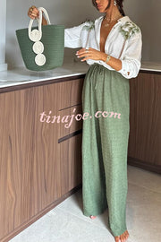 Tropical Calling Linen Blend Unique Print Loose Blouse and  Elastic Waist Pocket Pants Set