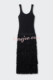 Solid Color Sleeveless Slim Fit Fringed Hem Knitted Midi Dress