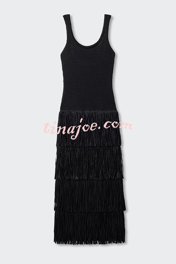 Solid Color Sleeveless Slim Fit Fringed Hem Knitted Midi Dress