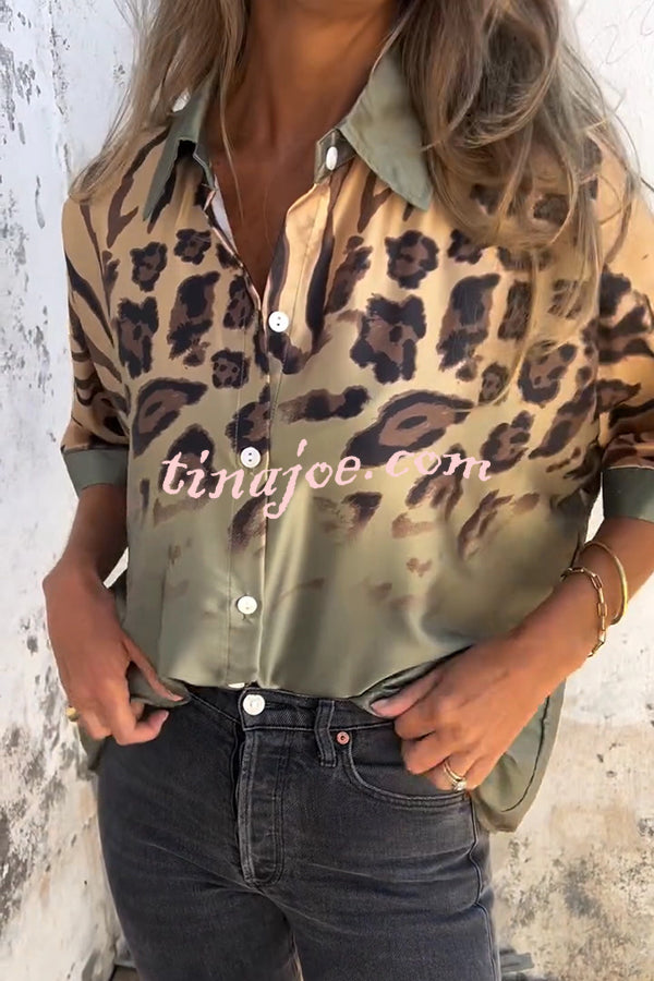 Classic Wild Satin Gradient Leopard Print Loose Short-sleeved Blouse