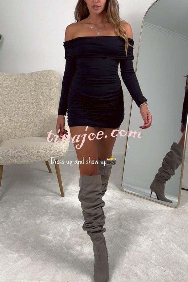 Friday Party Off Shoulder Long Sleeve Ruched Stretch Mini Dress