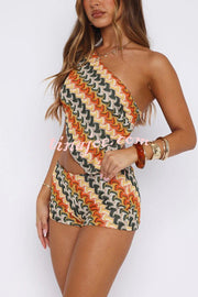 Colorful Zigzag Pattern Sexy One Shoulder Halter Top and Lace Resort Shorts Set