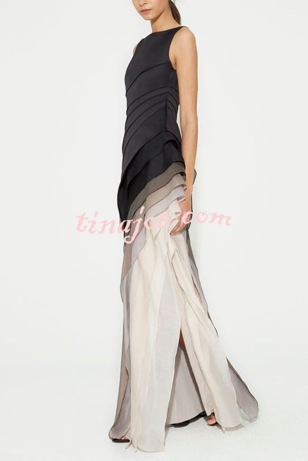 Elegant and Mysterious Tulle Gradient Cascading Design Gown Maxi Dress