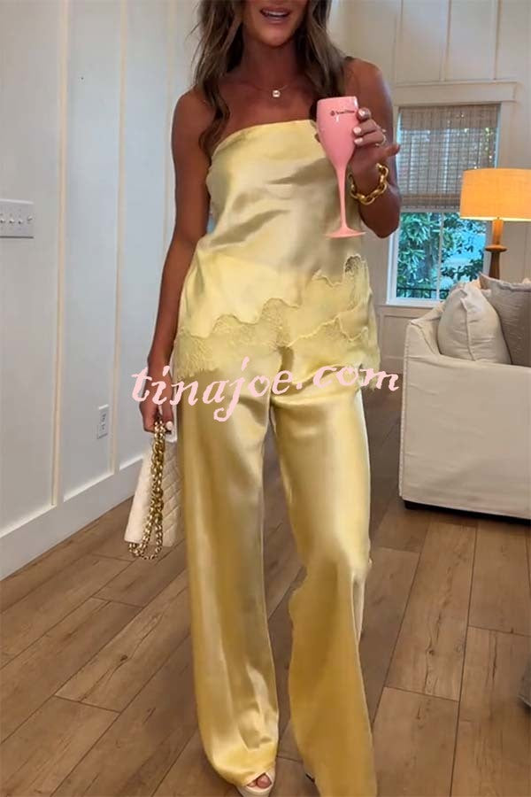 Odessa Satin Floral Lace Hem Strapless Tank and Mid Rise Wide Leg Pants Set