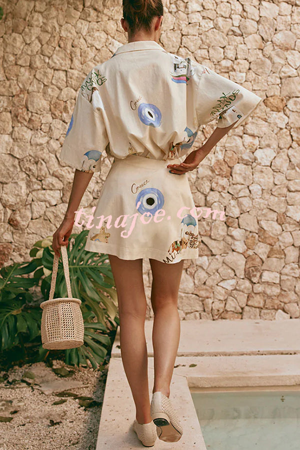 Kea Linen Blend Unique Print Short Sleeve Shirt and High Rise Wrap Panel Miniskirt Set