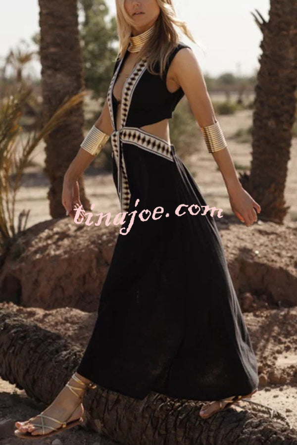 Fashionable Lock-edge Printed V-neck Lace-up Holiday Cover-up Robe