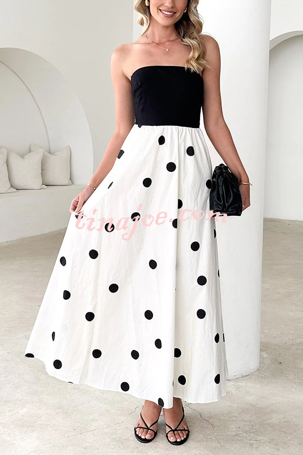 Polka Dot Print Off-shoulder Contrast Color Maxi Dress