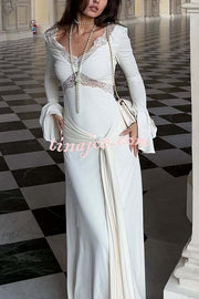 Fashion Lace Splicing Sexy V-neck Long-sleeved Slim Maxi Dress