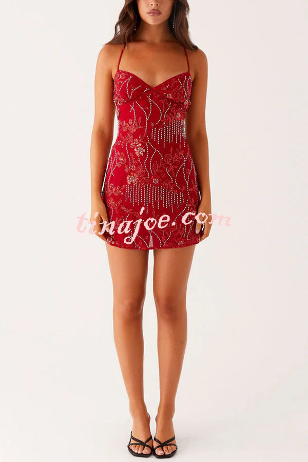 Looking Amazing Sequin Beaded Material Back Lace-up Cami Mini Dress