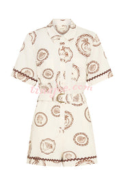 Resort Style Print Lapel Short Sleeves Casual Pocket Waist Tie Loose Rompers