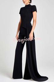 Pippa High Neck Short Sleeve Irregular Drape Hem Top and Elastic Waist Flare Pants Set