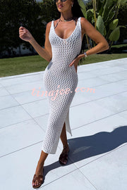 Solid Color V-neck Hollow Beach Knitted Cover-up Midi Dress