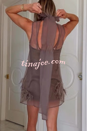 Playful Charm Sheer Chiffon Embellished Feather Back Bow H-line Mini Dress
