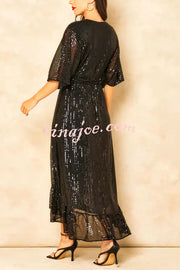 Solid Color Sequined V-neck Waist Tie Loose Maxi Dress