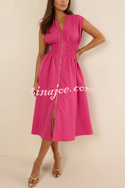 Workdays or Weekends Front Zipper Smocked Waist Pocket Loose Midi Dress