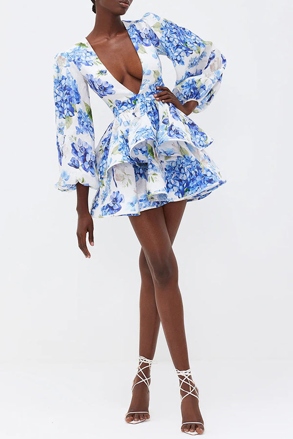 Feminine and Sexy Floral Print Deep V-neck Balloon Sleeve Tiered Mini Dress