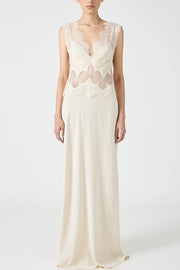 Wonderful Fusion Satin Lace Trim See-through Waist V-neck Drape Maxi Dress