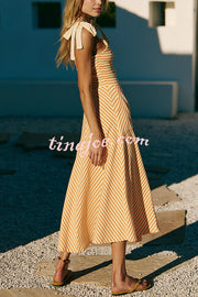 Striped Print V-Neck Lace-Up Backless Holiday Midi Dress