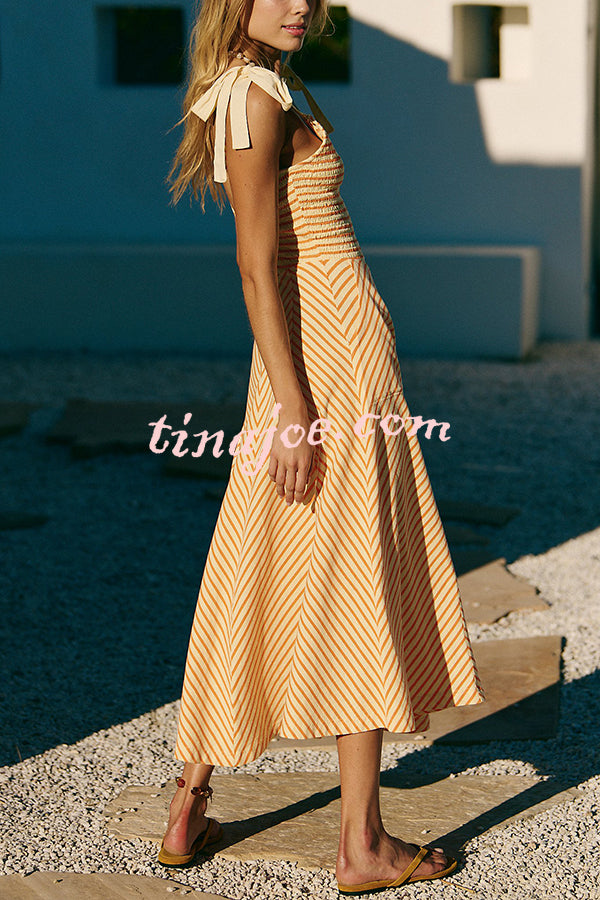 Striped Print V-Neck Lace-Up Backless Holiday Midi Dress