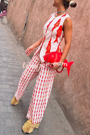 Good Luck Linen Blend Koi Pattern High Rise Elastic Waist Loose Pants