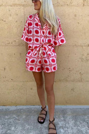 Brighten Any Day Linen Blend Sun World Printed Shirt and Elastic Waist Pocketed Shorts Set