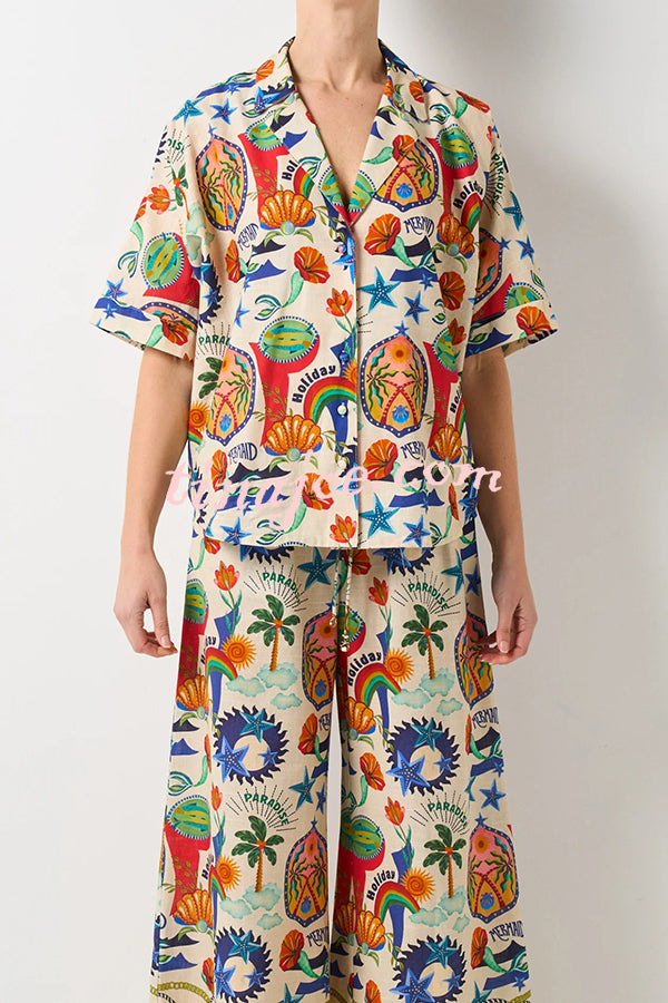 Linen Blend Unique Print Loose Short Sleeve Shirt and Elastic Waist Tie Pocket Pants Set