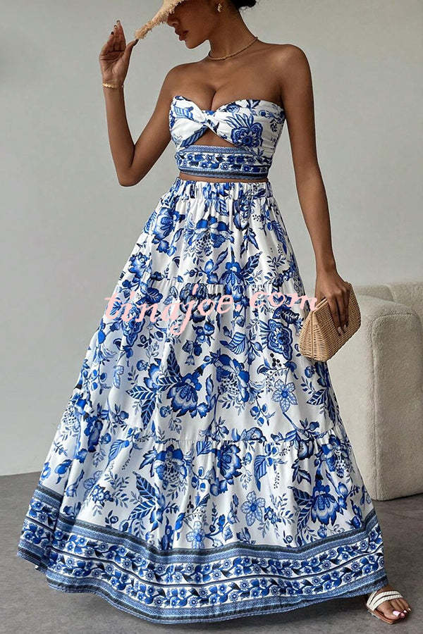 Floral Print Cutout Bandeau Top and Elastic Waist Full Maxi Skirt Set